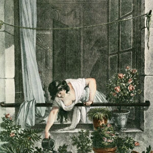 Young Woman Watering Plants On Her Balcony. From Illustrierte Sittengeschichte Vom Mittelalter Bis Zur Gegenwart By Eduard Fuchs, Published 1909