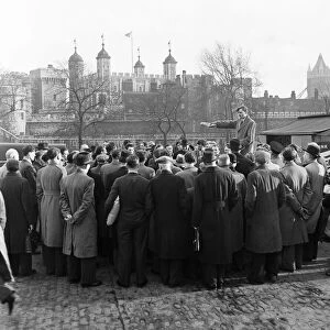 Conservative speaker on Tower Hill, London. 1st March 1954