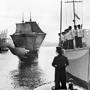 The half scale model of the Golden Hind in Plymouth Harbour during a rehearsal for Navies