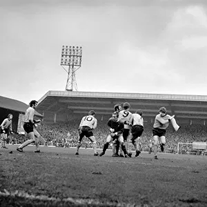 Liverpool v. Wolverhampton Wanderers. Tommy Smith lashes a freekick at the Wolves wall