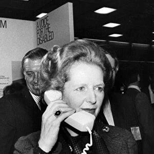 Margaret Thatcher on phone at exhibition - October 1984