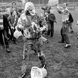 Players covered in soapy water during Charity football match. November 1969 Z11133-003