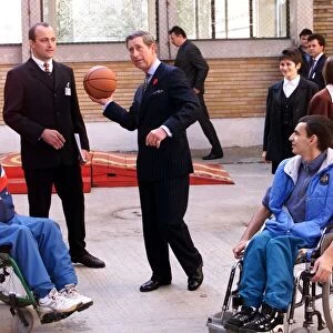 Prince Charles visits Romania 1998 Playing basketball at Wheelchair Centre in
