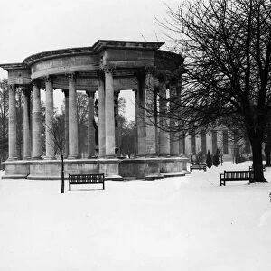The Welsh national War Memorial in Cardiff on an unaccustomed background of snow