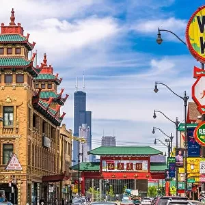 CHICAGO, ILLINOIS, USA - MAY 17, 2018: Chinatown district roads in the afternoon