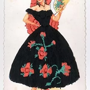 Silk embroidery postcard by artist Elsi Gumier of a woman from Andaluciaholding a fan and wearing traditional dress of the region, circa 1950s, 1960's