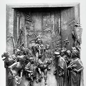 Bas-relief depicting a scene from Francesco Datini's life, located on the monument to his memory in Prato