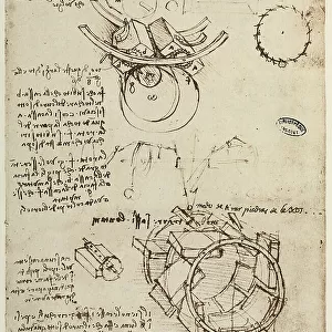 A bombard, activated by a water mechanism, drawing by Leonardo da Vinci, part of the Codex B (2173), c.34r, housed at the Institut de France, Paris