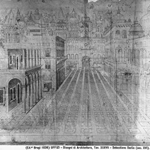 Drawing of St. Mark's Square in Venice by Sebastiano Serlio. This work is at the Uffizi Gallery in Florence