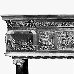 The Martyrdom of San Lorenzo, close-up of the right side of the pulpit, work by Donatello and other aids, conserved in the Basilica of San Lorenzo in Florence