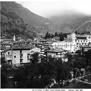 Panoramic view of Limone Piemonte, Province of Cuneo, with mountains in the background