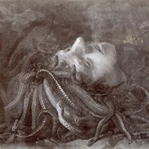Photographic reproduction of a painting of the head of the Medusa, swarming with serpents. The painting, of Flemish school, is in the Uffizi Gallery, in Florence