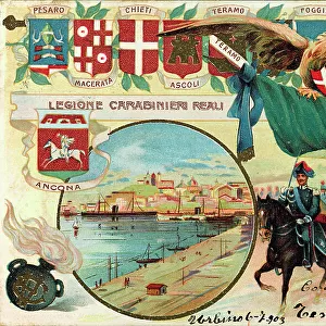 Postcard commemorating the Royal Carabineers Legion of Ancona, illustration of U. Topi