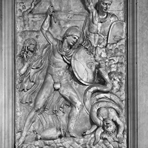 Roman Imperial slab with carved relief depicting the mythological scene of the death of Opheltes killed by a snake; it is in the Corridoio dei Bassorilievi of Palazzo Spada, Rome