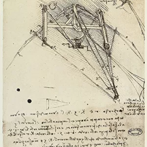 The rudder of a wing, drawing by Leonardo da Vinci, part of the Codex B (2173), c.75r, housed at the Institut de France, Paris