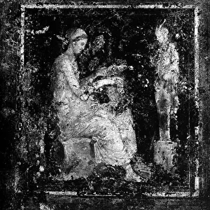 Seated female figure and satyr: fresco of a Roman house preserved in the National Museum of Rome, Rome