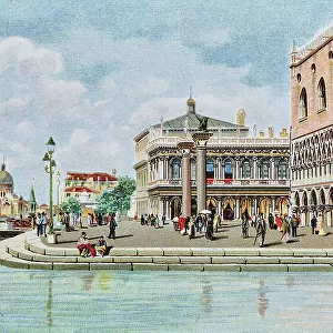 "Venezia - Molo", on the right Palazzo Ducale, drawing by Carlo Menegazzi (1856-1920), postcard, color print