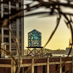 NYC, Brooklyn, Dumbo, Watertower by Tom Fruin Studio, new sculptural artwork. A water tower sculpture in colorful salvaged Plexiglas and steel