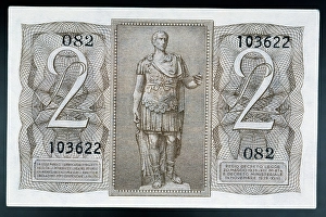 Number 2 Prints: 2 lire State note, 1939, reverse, statue of Julius Caesar, 8.3x4.7 cm, Italy, 20th century