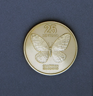 Animals Names In Common Use Prints: 25 sentimo coin, 1983, reverse, Graphium idaeoides butterfly, Philippines, 20th century