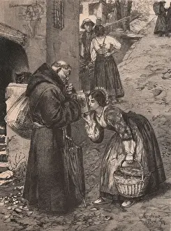 Eduard Paulus Prints: Alms in Brianza, monk and devotee in foreground, Lombardy, Italy, woodcut, ca 27x22 cm