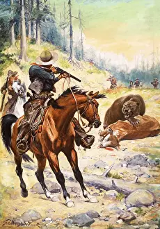 American cowboys surround a bear crouched over the body of a cow American cowboys surround a bear crouched over the body of a cow