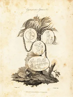 Ancient games - horse racing, quoit throwing, wrestling, etc,1821 (engraving) Ancient games - horse racing, quoit throwing, wrestling, etc,1821 (engraving)