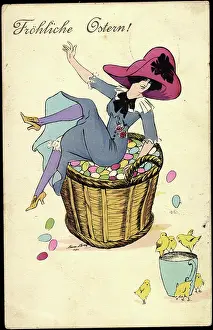 Daffodils Prints: Artist Happy Easter, Easter Eggs, Chick, Woman, Fashion