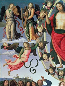 The Ascension of Christ, detail of Christ and musician angels, upper right section The Ascension of Christ, detail of Christ and musician angels, upper right section
