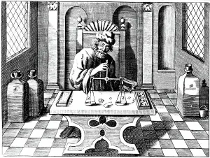 1683 Prints: Assayer testing samples of gold or silver using a balance, 1574 (engraving)