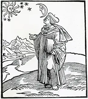 Beret Prints: Astronomer-Astrologer observing celestial objects. Woodcut 1490