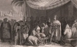 Baldwin III of Jerusalem taking Ascalon, Holy Land, 1152, steel engraving on china paper, cm 20x13, from Galerie Historique de Versailles, Histoire de France, Charles Gavard Publisher, Paris, circa 1840