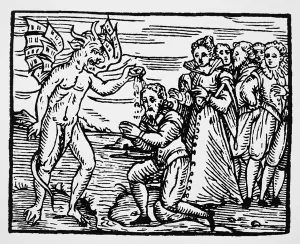 Baptism by the Devil, copy of an illustration from Compendium Maleficarum' Baptism by the Devil, copy of an illustration from Compendium Maleficarum'