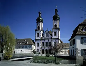 Baroque architecture: facade of the Abbey Church of Saint Maurice (1709-1727) by architect Peter Thumb (1681-1766). Ebersmunster, Bas Rhin (Bas-Rhin) (67)