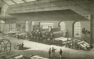 Rolled Up Prints: Bartram's method for cotinuous paper making from tank of pulp at left. Engraving c1870