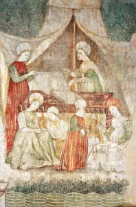 Bicocca degli Arcimboldi: 15th century fresco, detail of the cutting of fabrics and a dwarf (fresco) Bicocca degli Arcimboldi: 15th century fresco, detail of the cutting of fabrics and a dwarf (fresco)