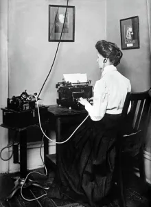 Secretaire Prints: Blind stenographer using dictaphone, 1911 (b/w photo)