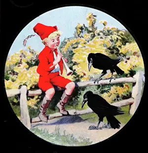 Cornet Prints: Boy playing a cornet to some crows