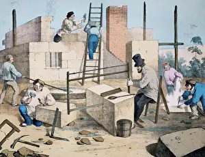 Mason Prints: Bricklayers, stonebreakers and stonecutter, illustration, France, 19th century