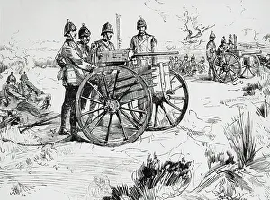 Wheel Prints: British forces using double and single machine guns on a training exercise. Engraving 1890