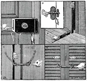 Steal Prints: A burglar activating a basic home security locking system, 1850