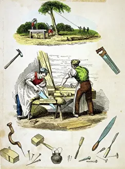 C1845 Prints: Carpenters at work, surrounded by various tools