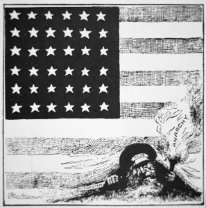 Cartoon depicting Communism and anarchy creeping under the American Flag Cartoon depicting Communism and anarchy creeping under the American Flag