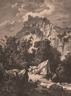 Castle of Canossa, Emilia-Romagna, Italy, woodcut, 20x27 cm