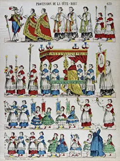 Woodblock Prints: Catholic religious procession with priests, children and incense. French c.1850