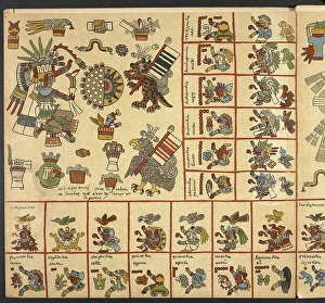Aztec Prints: In the centre, a representation of an eclipse;On the left