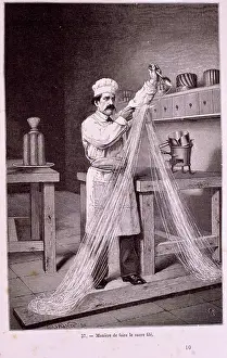 Cookery Prints: a chef separating and shaping thin strings of sugar for a dessert