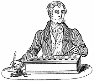 Calculator Prints: Clerk using a Pascal (1623-1664) type of adding machine. Woodcut London, 1835