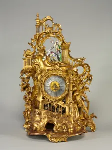 Clock, movement maker Baumgartinger, c. 1750 (carved and gilded wood, faience)