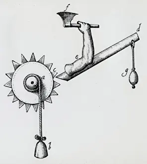 Artist Unknown Prints: Clockwork driven mechanical axe. Engraving 1617